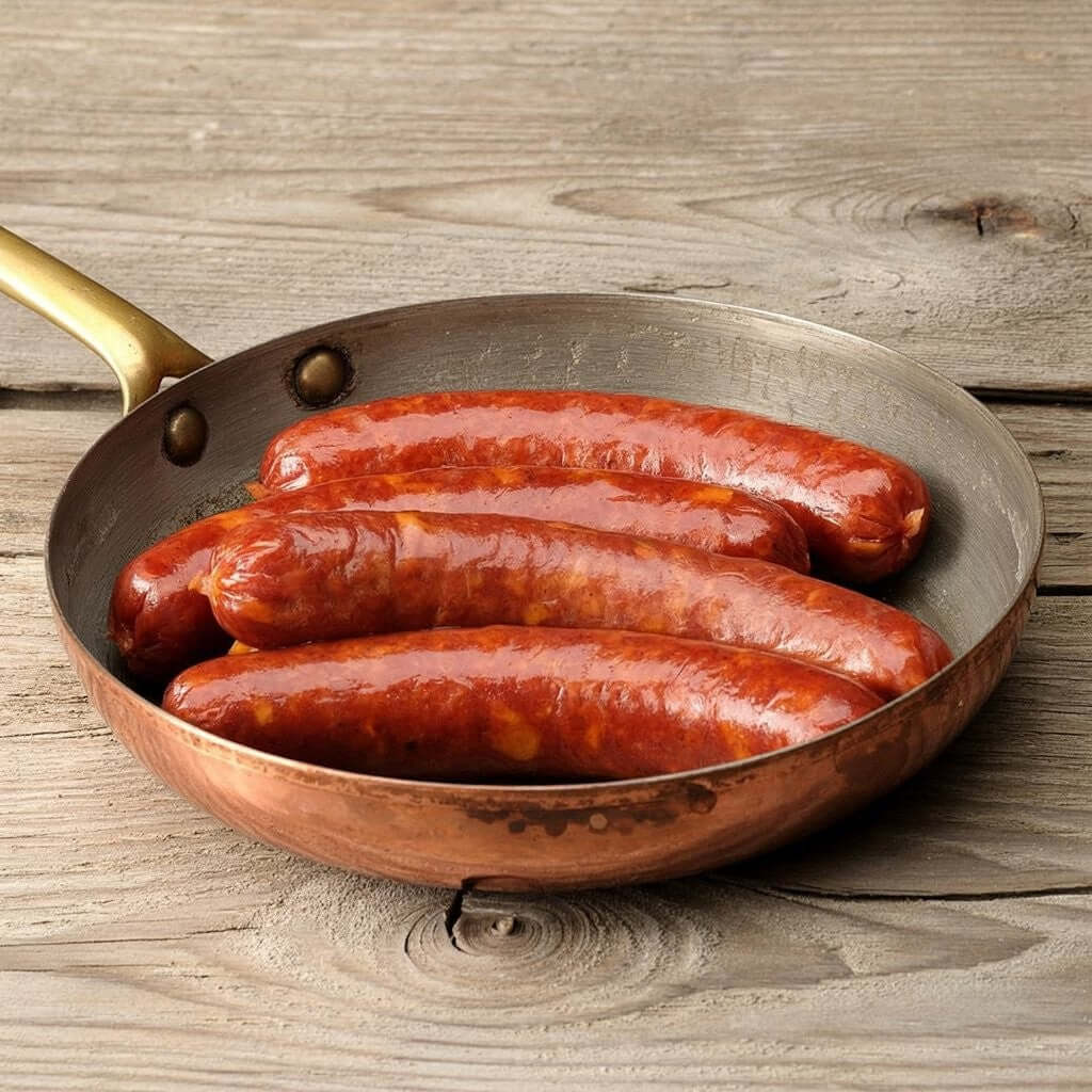 Hearty smoked kielbasa pork sausages in a copper skillet on rustic wooden surface.