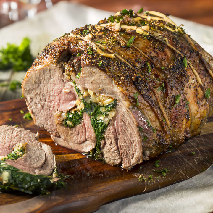 Stuffed Leg of Lamb with Pine Nuts, Garlic, and Spinach