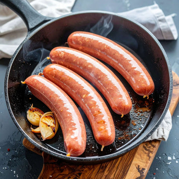 Four smoked kielbasa links in a cast iron skillet.