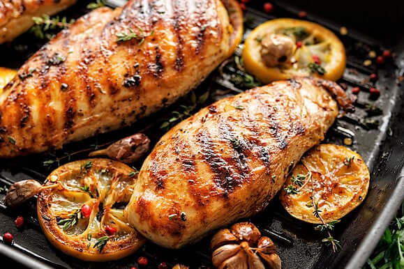 pasture raised chicken breasts, boneless, skinless, and grilled to perfection
